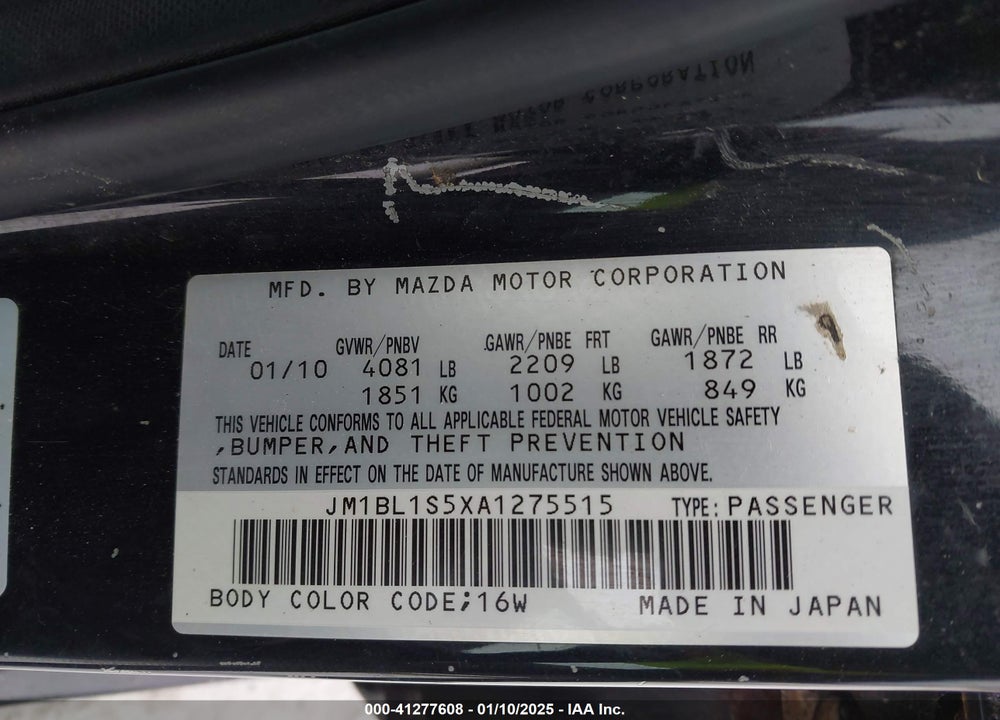 2010 MAZDA 3 VIN: JM1BL1S5XA1275515