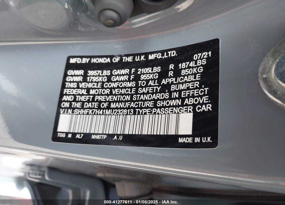 2021 HONDA CIVIC VIN: SHHFK7H41MU232813