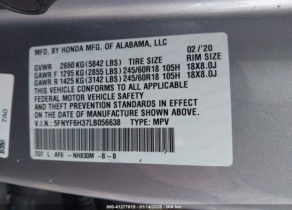 2020 HONDA PILOT VIN: 5FNYF6H37LB056638