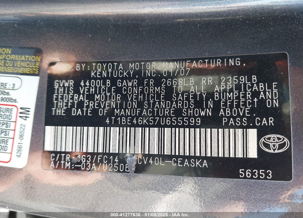 2007 TOYOTA CAMRY SE VIN: 4T1BE46K57U655599