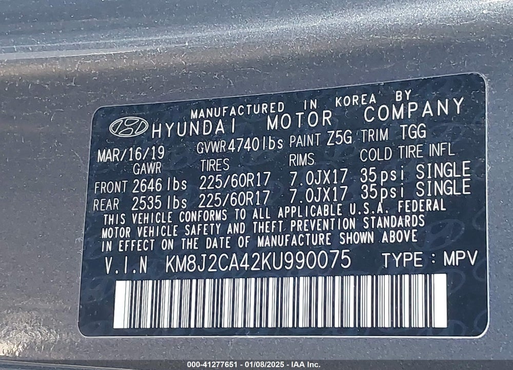 2019 HYUNDAI TUCSON SE VIN: KM8J2CA42KU990075