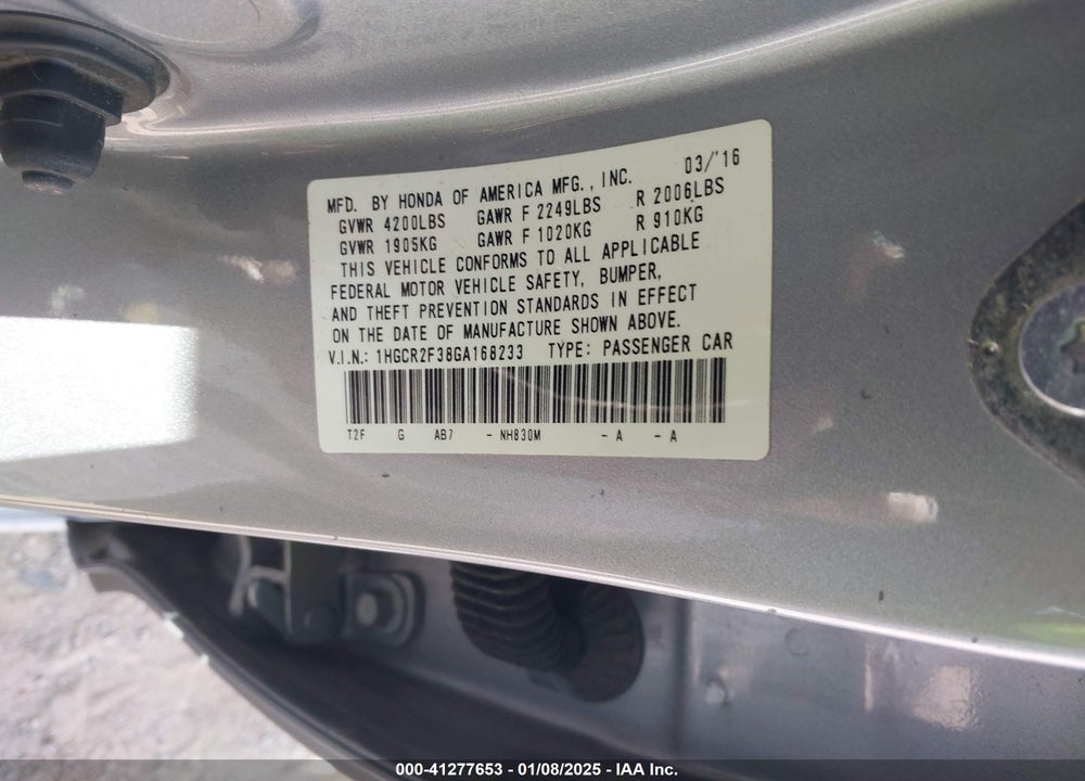 2016 HONDA ACCORD VIN: 1HGCR2F38GA168233