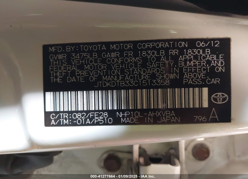 2012 TOYOTA PRIUS C ONE VIN: JTDKDTB33C1513358