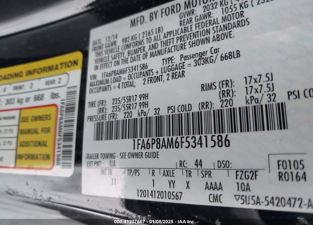 2015 FORD MUSTANG VIN: 1FA6P8AM6F5341586