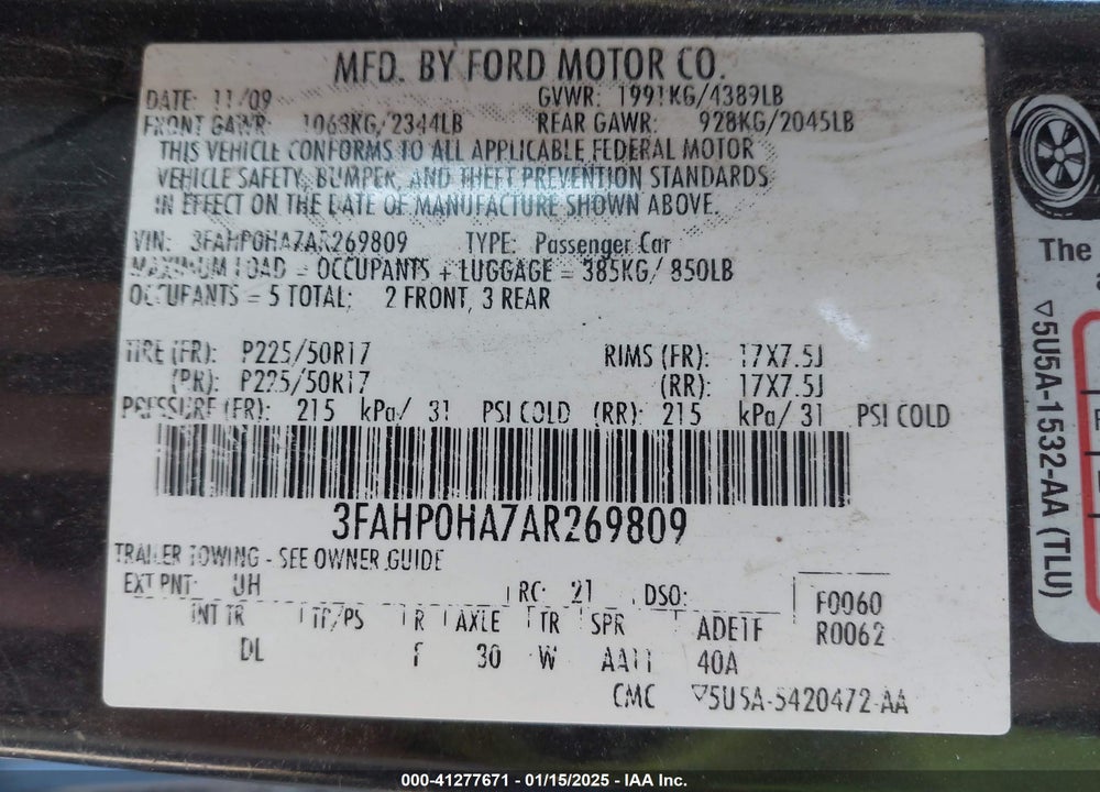 2010 FORD FUSION VIN: 3FAHP0HA7AR269809