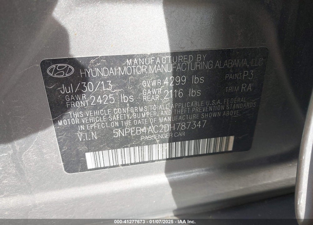 2013 HYUNDAI SONATA VIN: 5NPEB4AC2DH787347