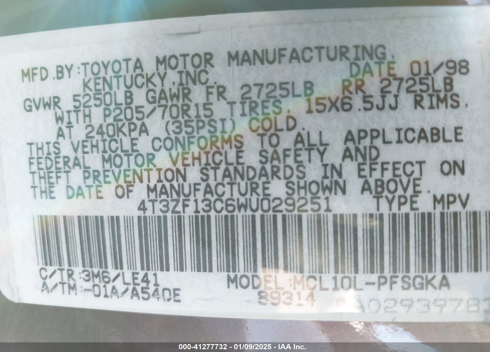 1998 TOYOTA SIENNA XLE VIN: 4T3ZF13C6WU029251