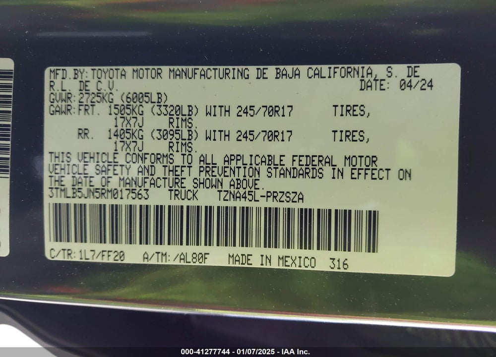 2024 TOYOTA TACOMA SR5 VIN: 3TMLB5JN5RM017563