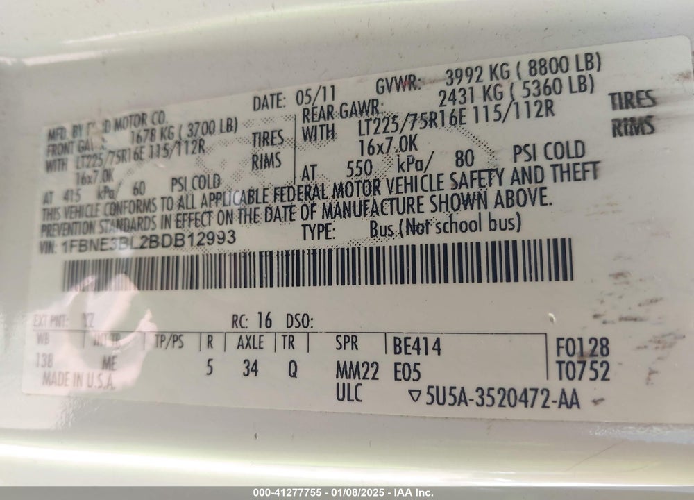2011 FORD E-350 SUPER DUTY XLT VIN: 1FBNE3BL2BDB12993