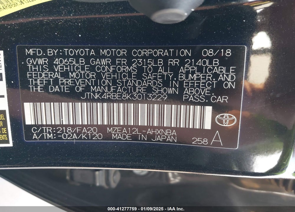 2019 TOYOTA COROLLA VIN: JTNK4RBE8K3013229