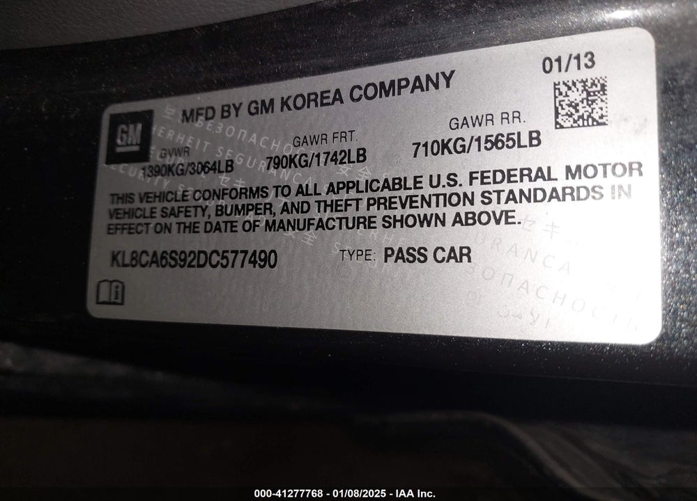 2013 CHEVROLET SPARK LS MANUAL VIN: KL8CA6S92DC577490
