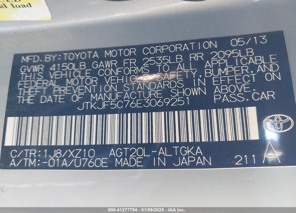 2014 SCION TC 10 SERIES VIN: JTKJF5C76E3069251