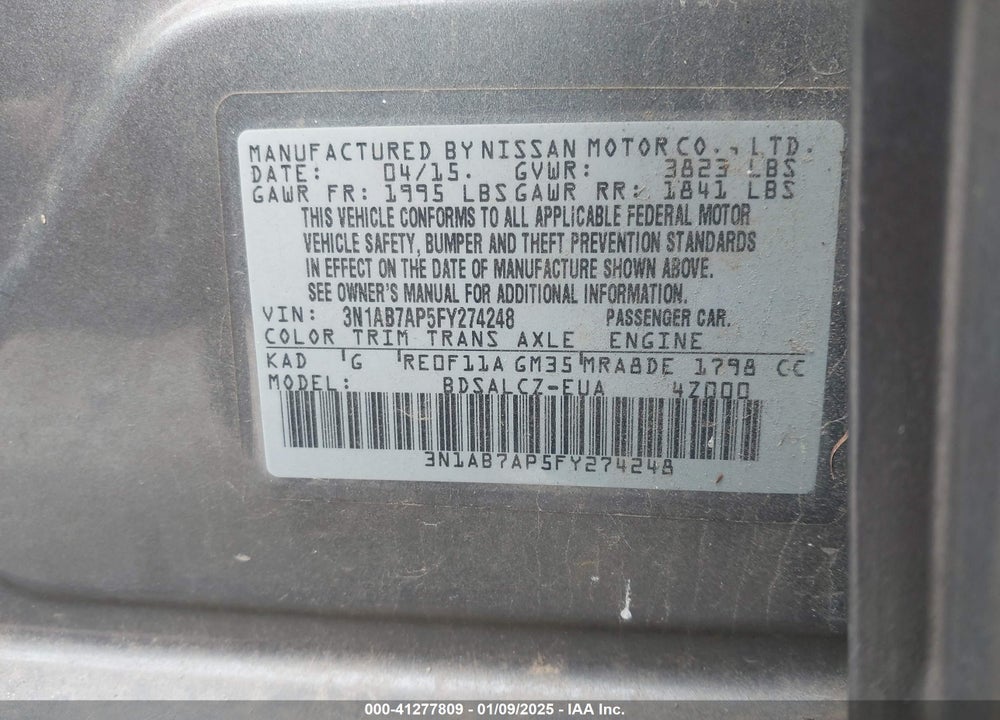 2015 NISSAN SENTRA VIN: 3N1AB7AP5FY274248