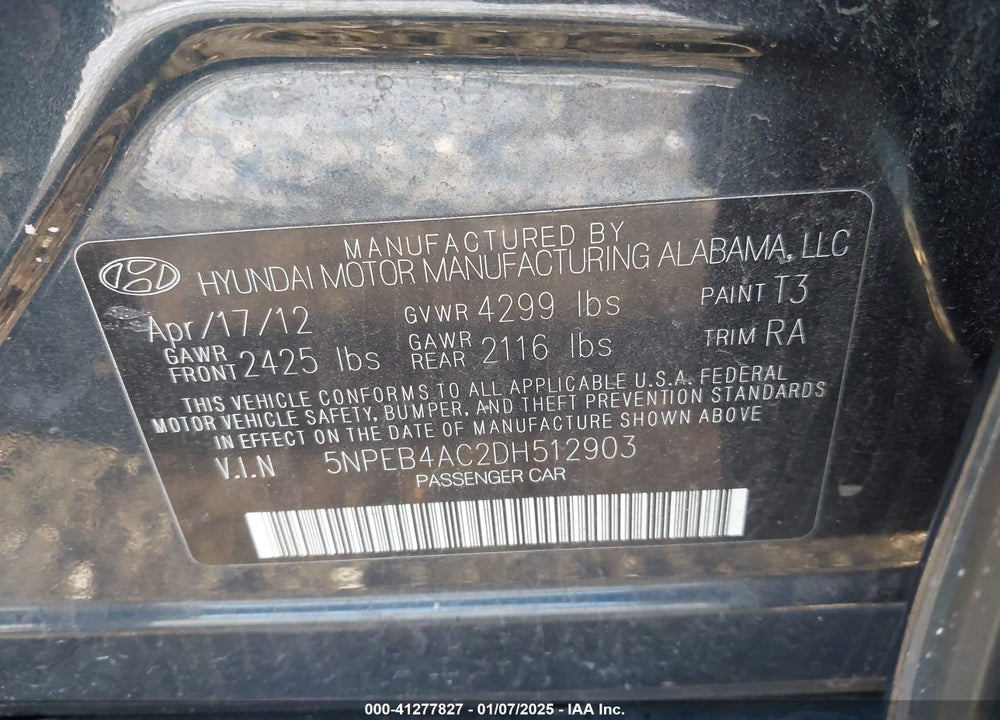2013 HYUNDAI SONATA GLS VIN: 5NPEB4AC2DH512903