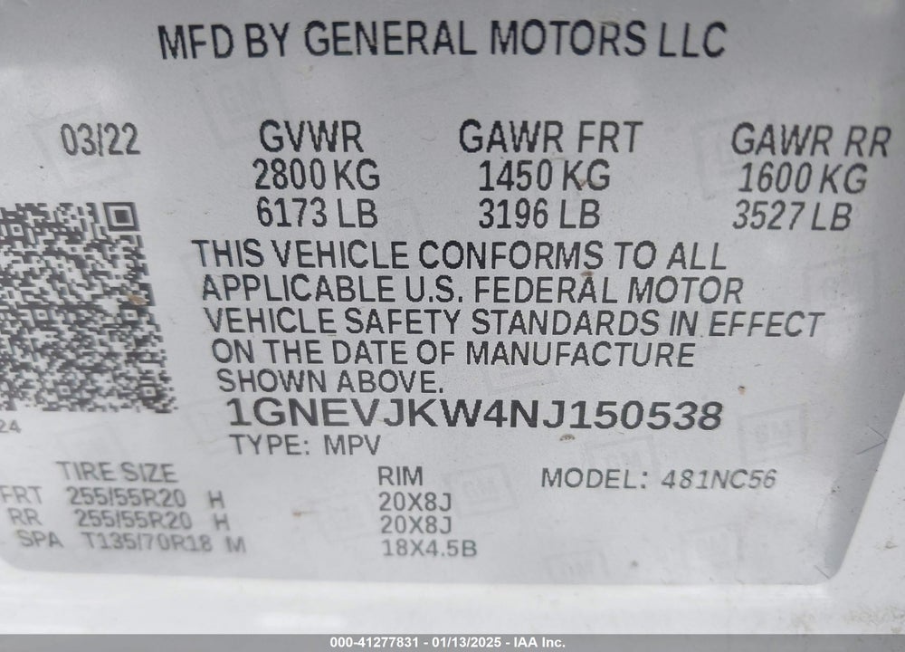 2022 CHEVROLET TRAVERSE VIN: 1GNEVJKW4NJ150538