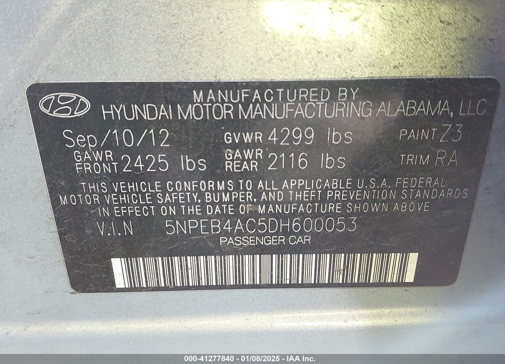 2013 HYUNDAI SONATA VIN: 5NPEB4AC5DH600053