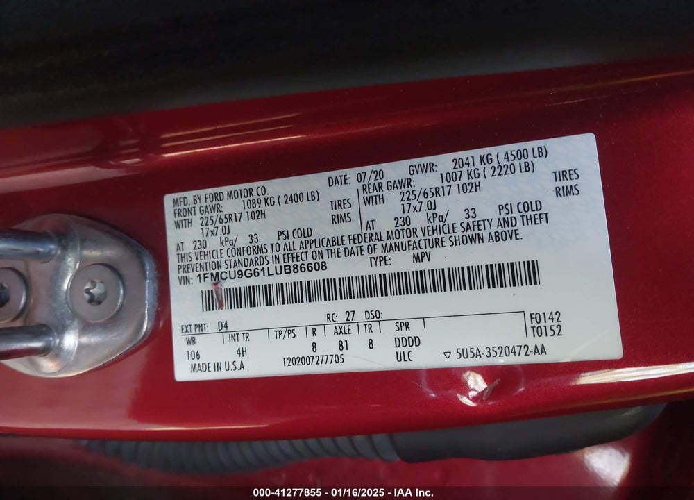 2020 FORD ESCAPE SE VIN: 1FMCU9G61LUB86608