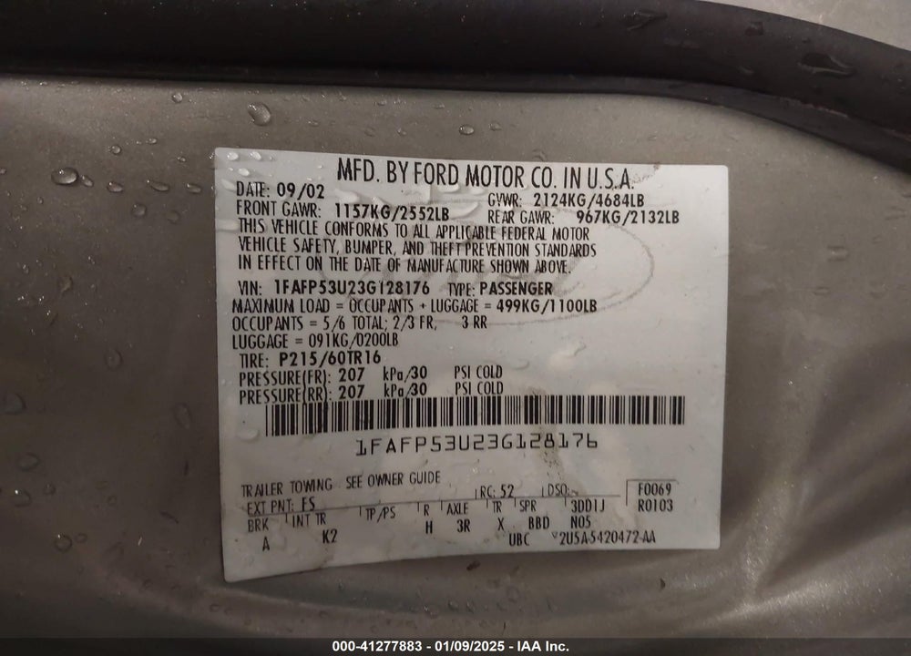 2003 FORD TAURUS SE VIN: 1FAFP53U23G128176