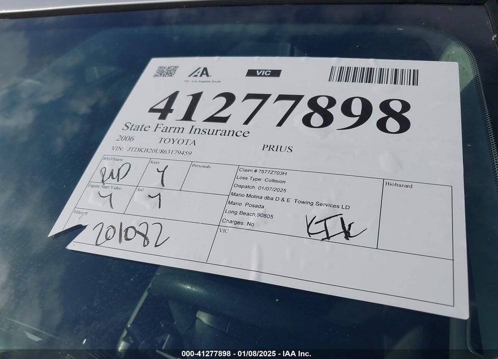 2006 TOYOTA PRIUS VIN: JTDKB20U863179459