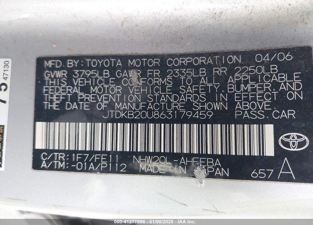 2006 TOYOTA PRIUS VIN: JTDKB20U863179459