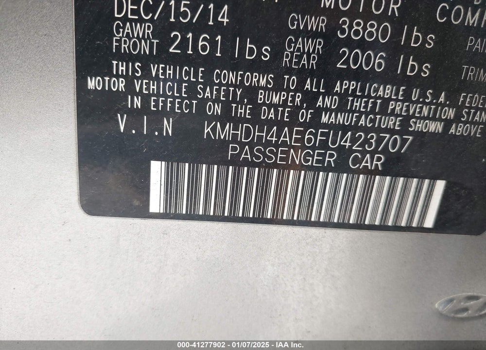 2015 HYUNDAI ELANTRA VIN: KMHDH4AE6FU423707