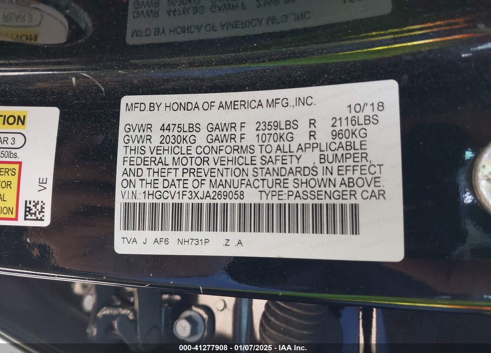 2018 HONDA ACCORD VIN: 1HGCV1F3XJA269058