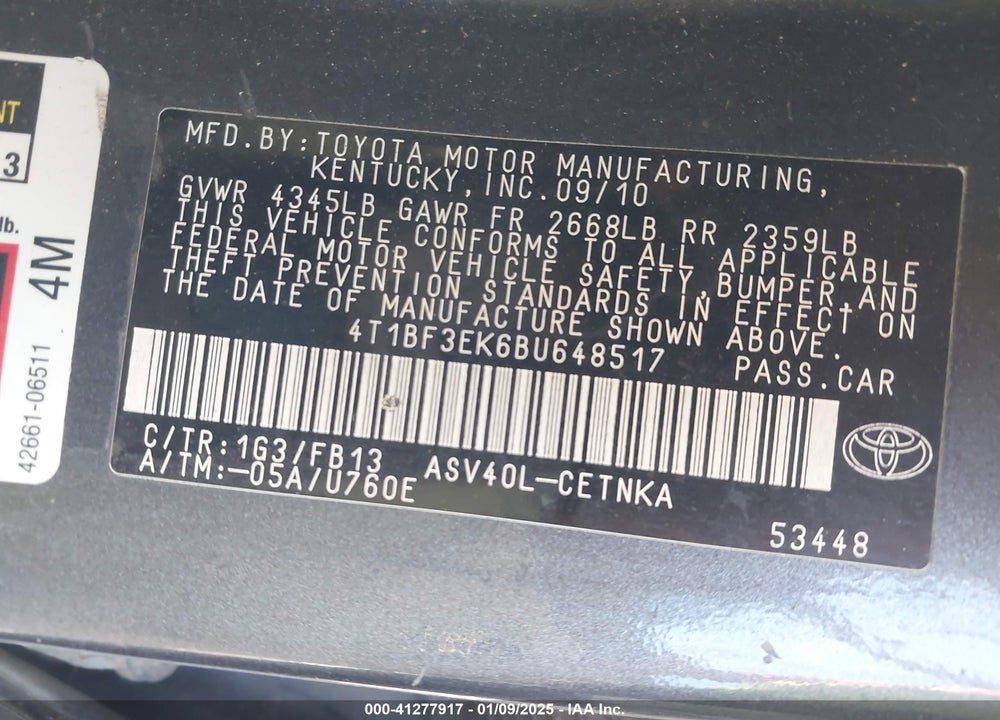 2011 TOYOTA CAMRY VIN: 4T1BF3EK6BU648517