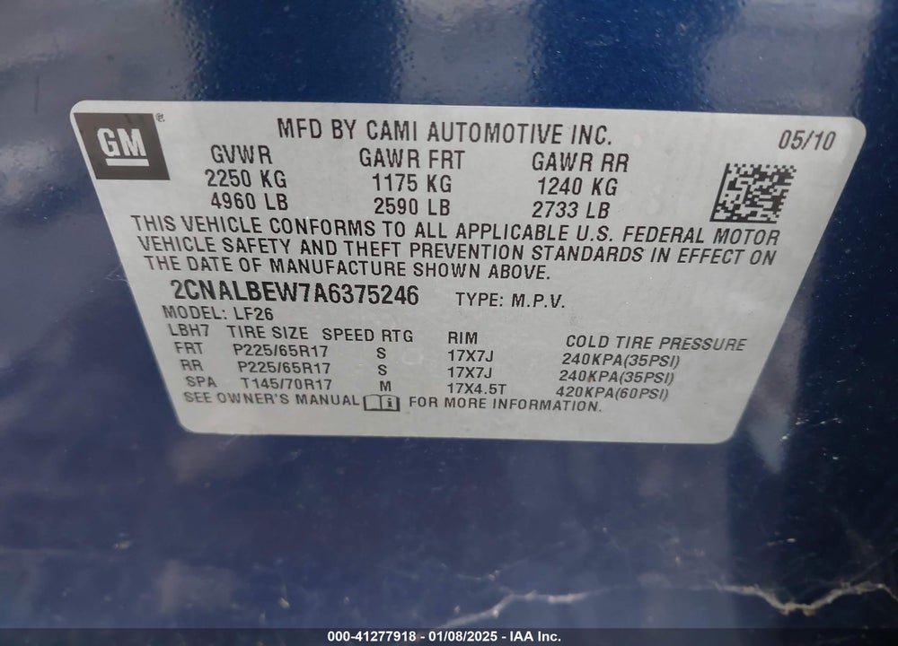 2010 CHEVROLET EQUINOX LS VIN: 2CNALBEW7A6375246
