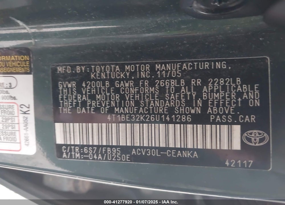 2006 TOYOTA CAMRY VIN: 4T1BE32K26U141286