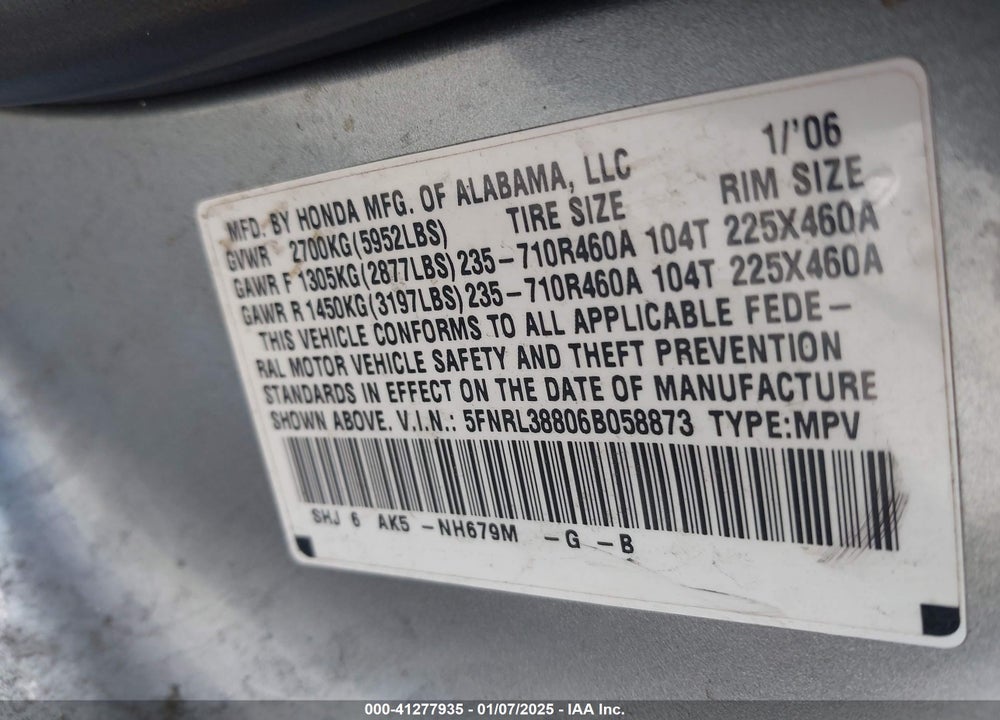 2006 HONDA ODYSSEY TOURING VIN: 5FNRL38806B058873