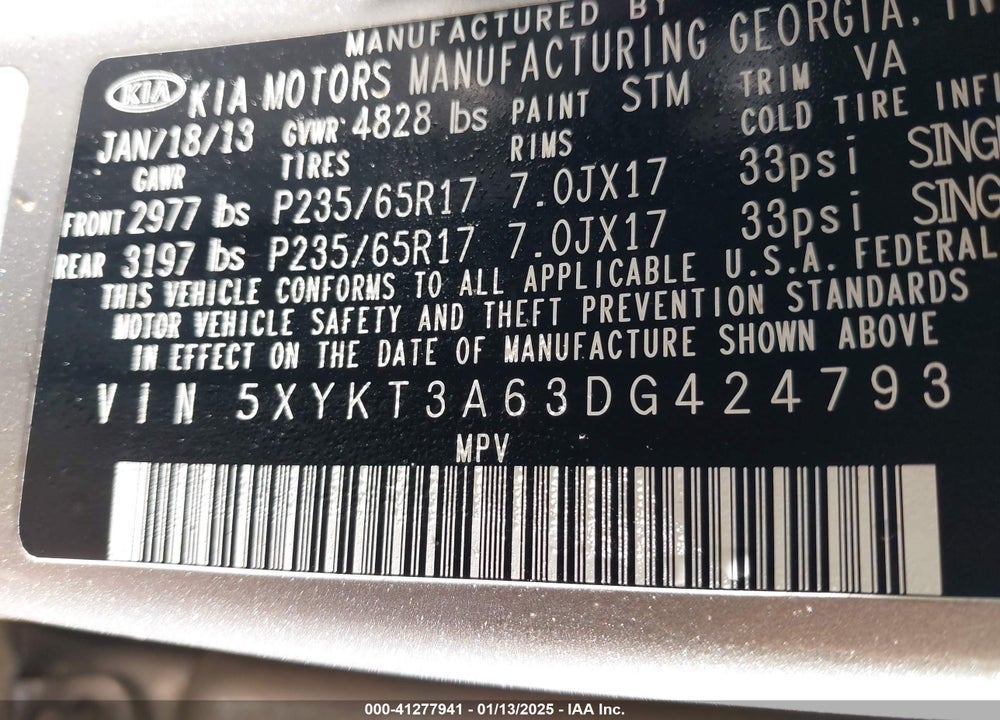 2013 KIA SORENTO LX VIN: 5XYKT3A63DG424793