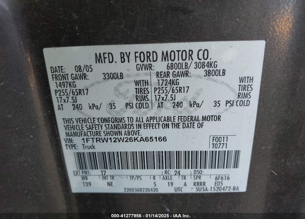 2006 FORD F-150 XLT VIN: 1FTRW12W26KA65166