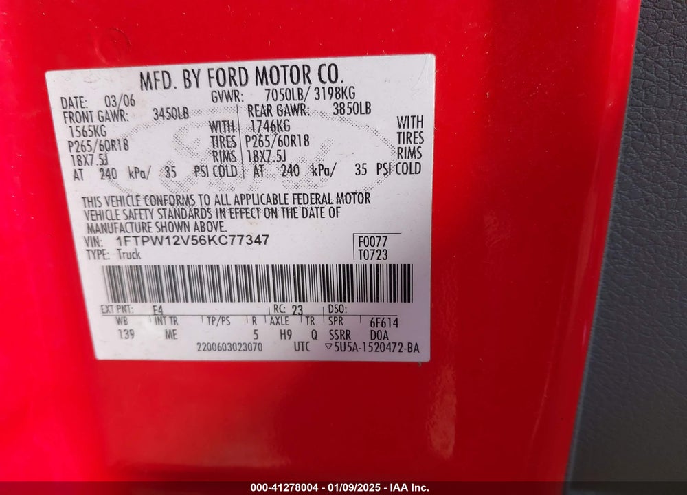 2006 FORD F-150 VIN: 1FTPW12V56KC77347