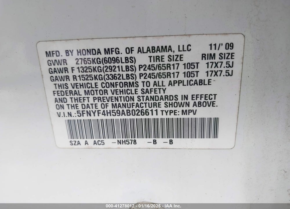 2010 HONDA PILOT EX-L VIN: 5FNYF4H59AB026611