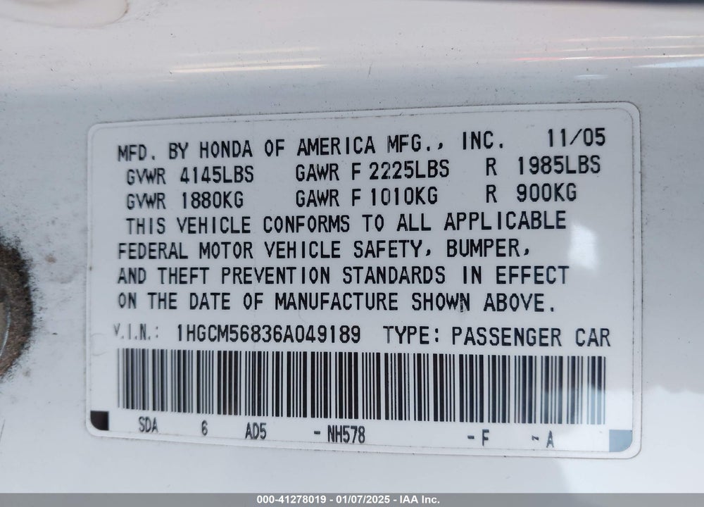 2006 HONDA ACCORD 2.4 EX VIN: 1HGCM56836A049189