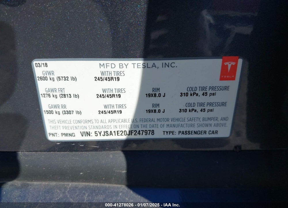 2018 TESLA MODEL S VIN: 5YJSA1E20JF247978