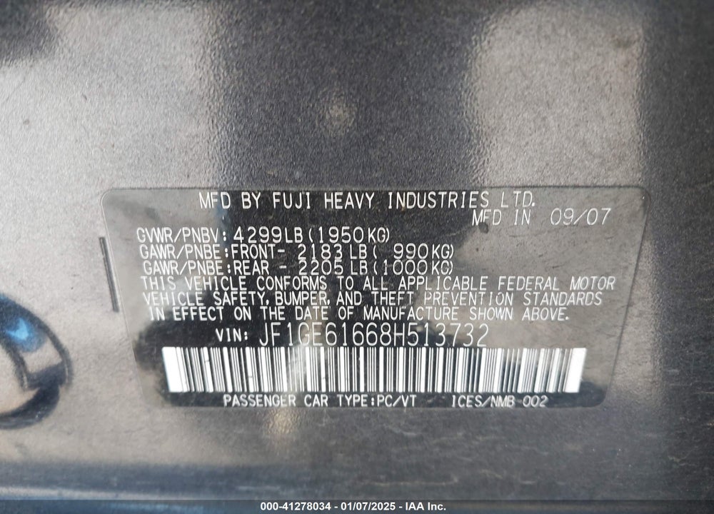 2008 SUBARU IMPREZA VIN: JF1GE61668H513732