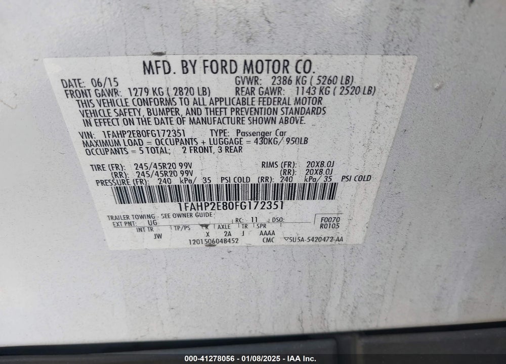2015 FORD TAURUS SEL VIN: 1FAHP2E80FG172351