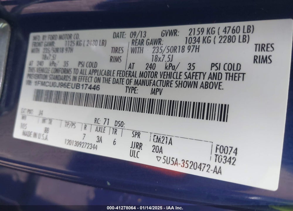 2014 FORD ESCAPE TITANIUM VIN: 1FMCU0J96EUB17446