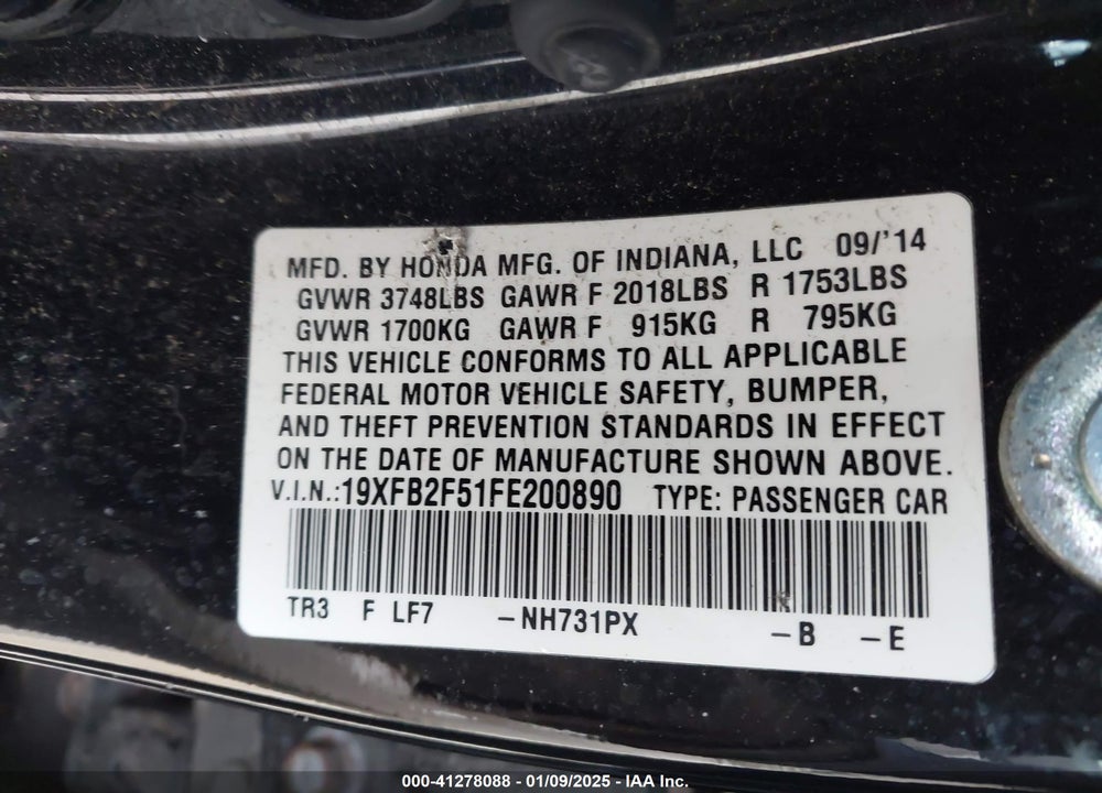 2015 HONDA CIVIC LX VIN: 19XFB2F51FE200890
