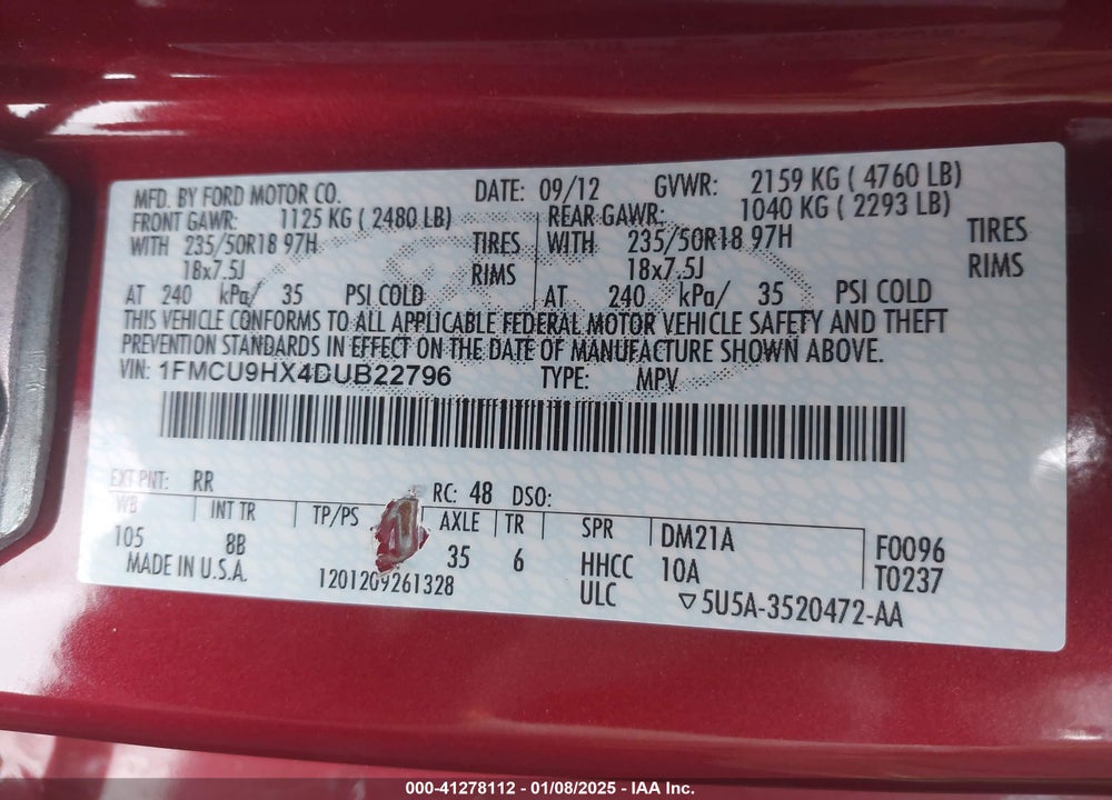 2013 FORD ESCAPE SEL VIN: 1FMCU9HX4DUB22796