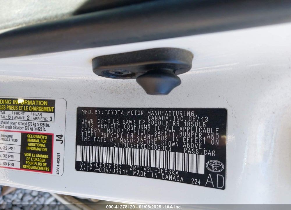 2013 TOYOTA COROLLA VIN: 2T1BU4EEXDC103303