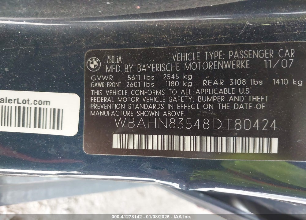 2008 BMW 750LI VIN: WBAHN83548DT80424