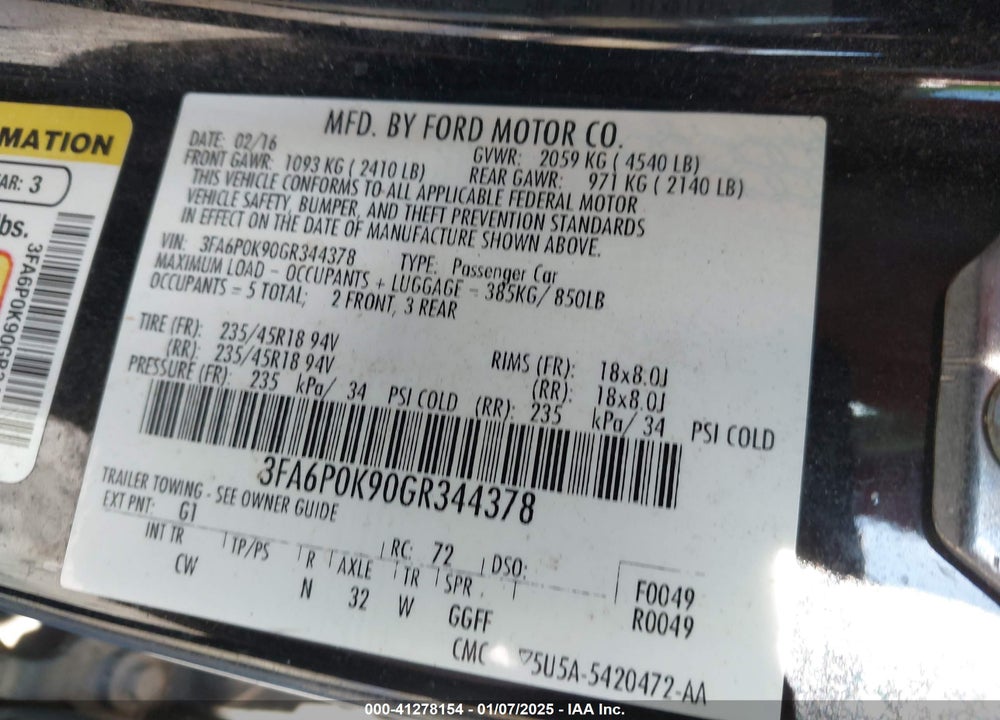2016 FORD FUSION TITANIUM VIN: 3FA6P0K90GR344378