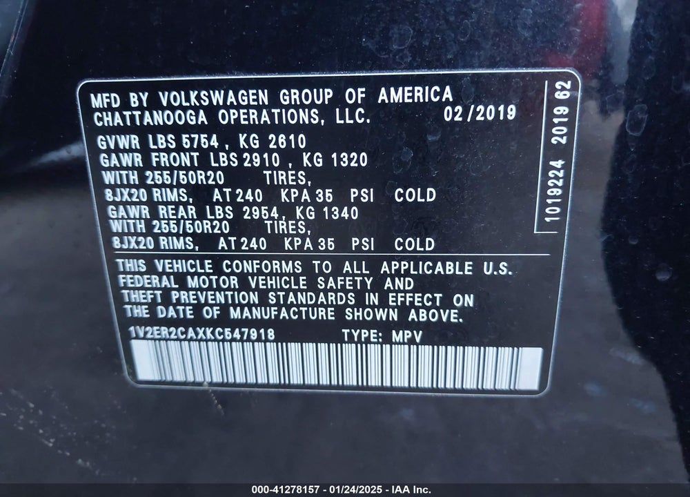 2019 VOLKSWAGEN ATLAS 3.6L V6 SEL VIN: 1V2ER2CAXKC547918