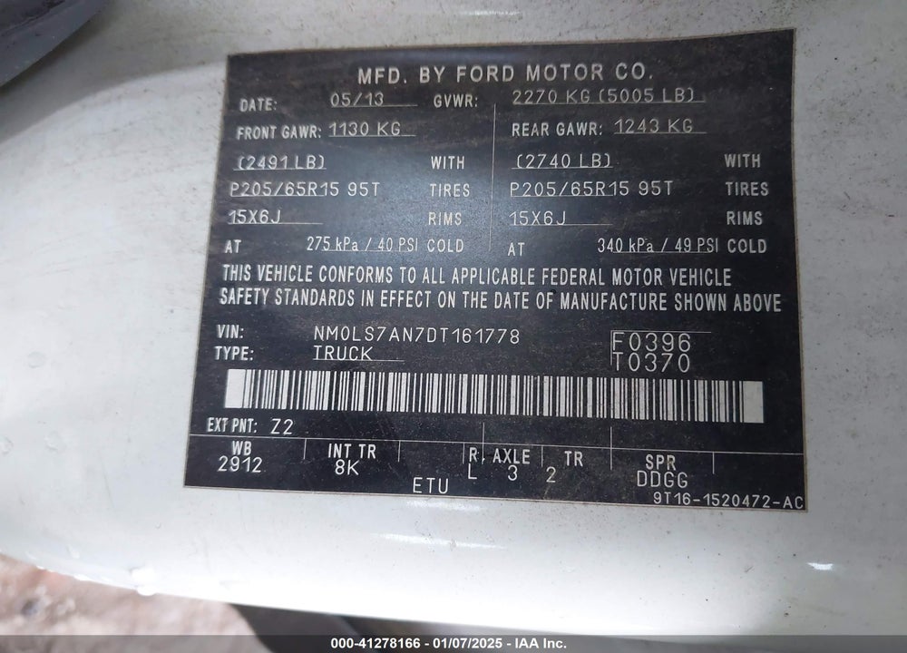 2013 FORD TRANSIT CONNECT XL VIN: NM0LS7AN7DT161778