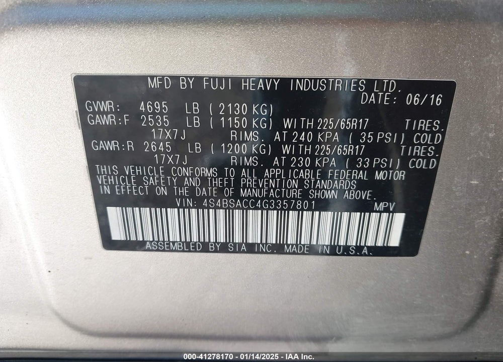 2016 SUBARU OUTBACK VIN: 4S4BSACC4G3357801