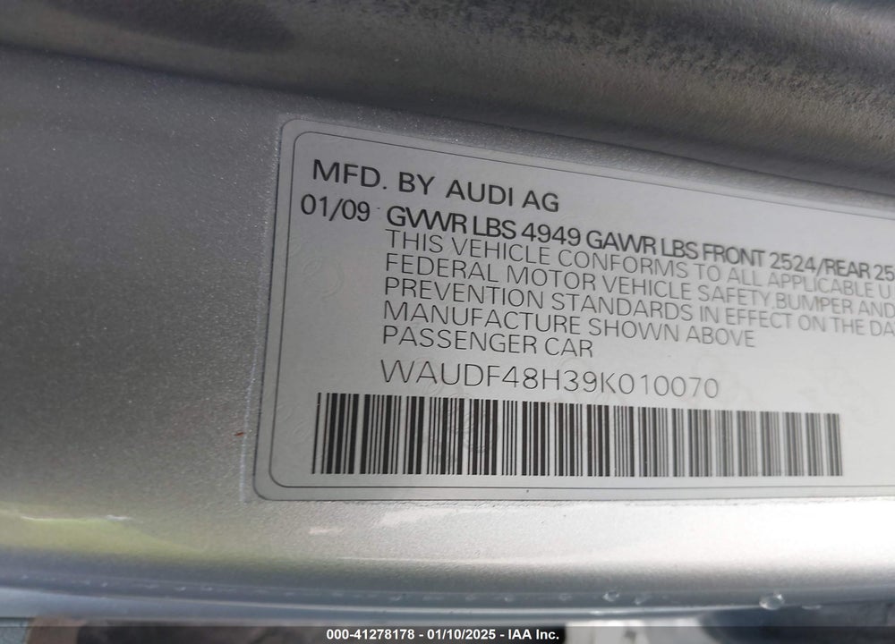 2009 AUDI A4 VIN: WAUDF48H39K010070