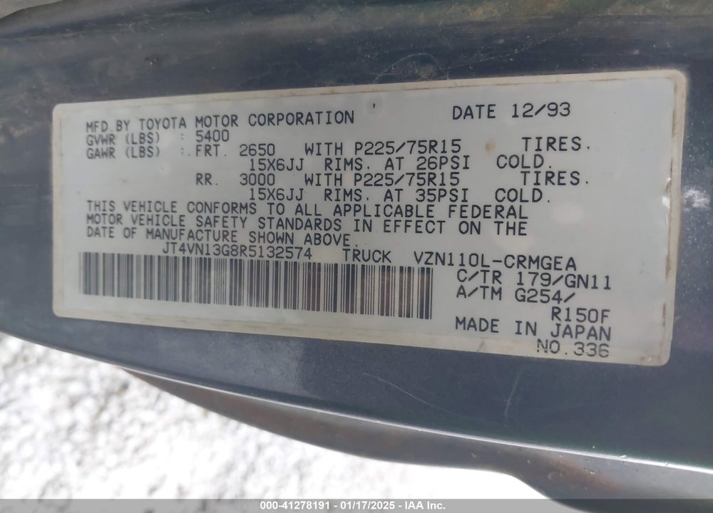 1994 TOYOTA PICKUP 1/2 TON EX LONG WHLBS SR5 VIN: JT4VN13G8R5132574