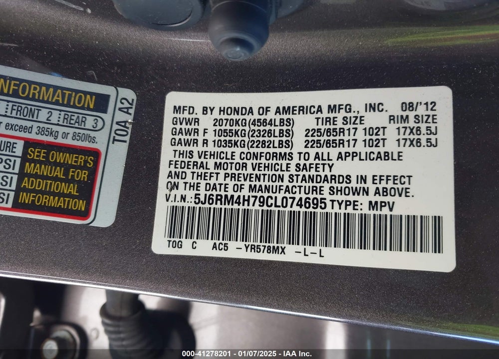 2012 HONDA CR-V EX-L VIN: 5J6RM4H79CL074695